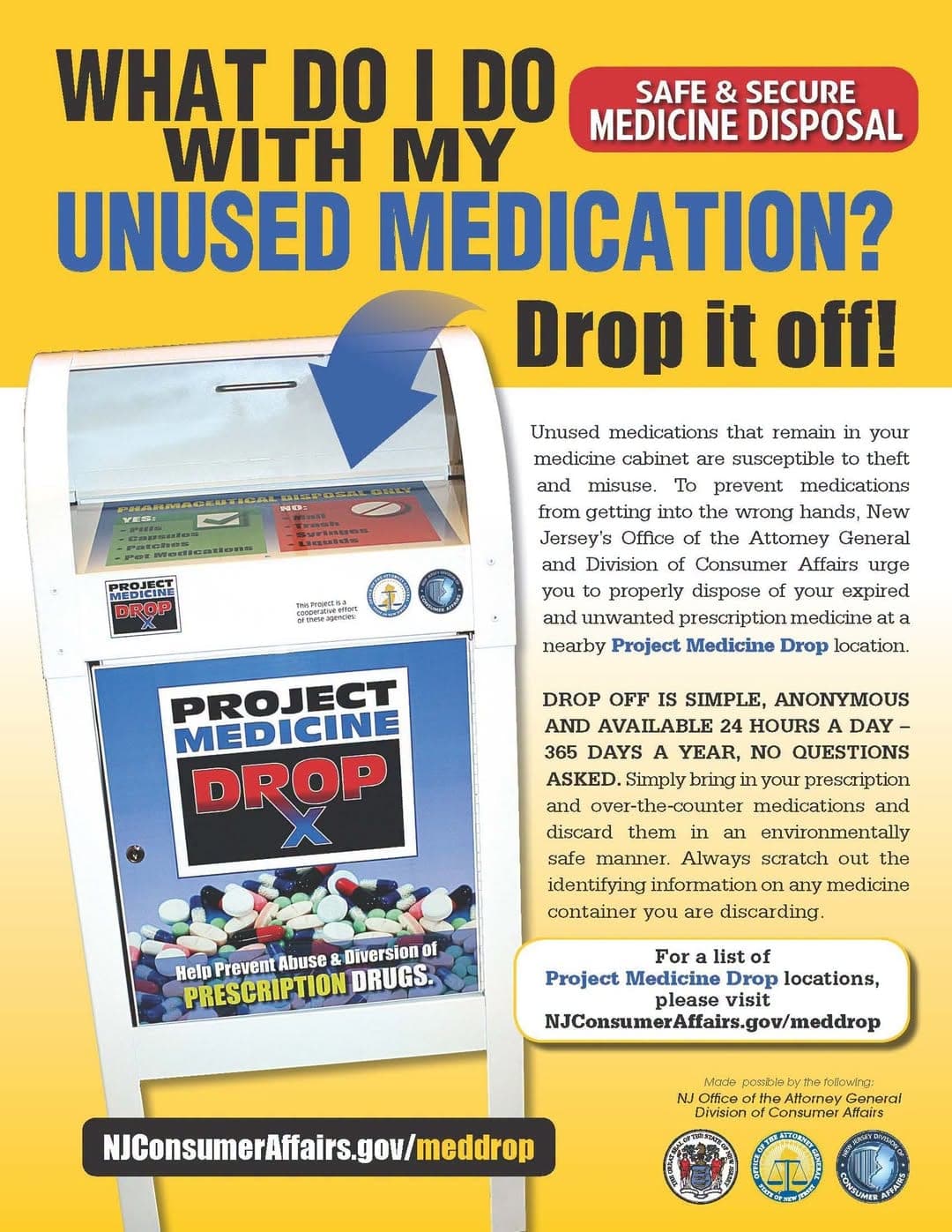 New Jersey’s Project Medicine Drop program offers secure collection boxes for residents to dispose of unused or expired medications.
